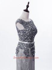 Deluxe Grey Mermaid Scoop Sleeveless Lace Brush Train Zipper Beading Evening Dress