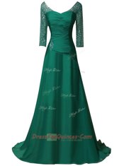 Exquisite Green Long Sleeves Sweep Train Beading and Ruching With Train Prom Party Dress