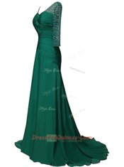 Exquisite Green Long Sleeves Sweep Train Beading and Ruching With Train Prom Party Dress