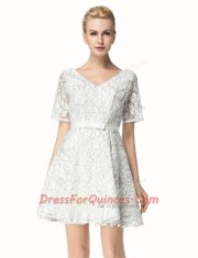 Lace White Short Sleeves Mini Length Sashes ribbons Zipper Evening Dress