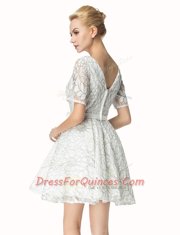Lace White Short Sleeves Mini Length Sashes ribbons Zipper Evening Dress