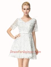 Lace White Short Sleeves Mini Length Sashes ribbons Zipper Evening Dress