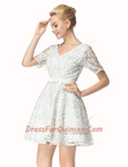 Lace White Short Sleeves Mini Length Sashes ribbons Zipper Evening Dress