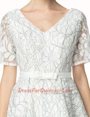 Lace White Short Sleeves Mini Length Sashes ribbons Zipper Evening Dress