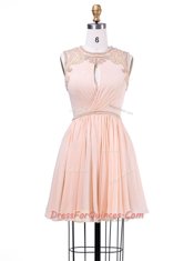 Pretty Peach A-line Scoop Sleeveless Chiffon Mini Length Zipper Beading and Pleated Homecoming Dress