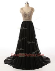 High End Black Sleeveless With Train Beading Side Zipper Prom Party Dress