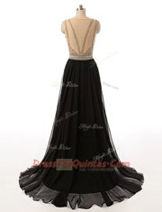 High End Black Sleeveless With Train Beading Side Zipper Prom Party Dress