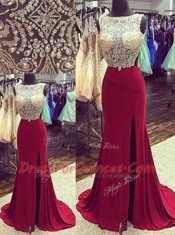 Custom Designed Mermaid Burgundy Evening Dress Prom and Party and For with Beading Bateau Sleeveless Brush Train Backless