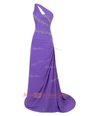 Fashion One Shoulder Zipper Dress for Prom Purple for Prom and Party with Beading Brush Train