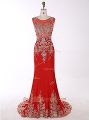 Scoop Red Mermaid Beading and Appliques Homecoming Dress Zipper Chiffon Sleeveless With Train