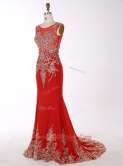 Scoop Red Mermaid Beading and Appliques Homecoming Dress Zipper Chiffon Sleeveless With Train