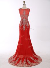 Scoop Red Mermaid Beading and Appliques Homecoming Dress Zipper Chiffon Sleeveless With Train