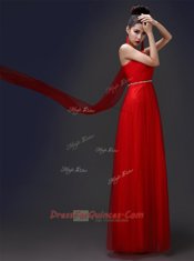 Red A-line One Shoulder Sleeveless Tulle Floor Length Zipper Beading Evening Dress