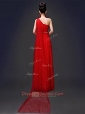 Red A-line One Shoulder Sleeveless Tulle Floor Length Zipper Beading Evening Dress