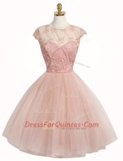 Romantic A-line Dress for Prom Pink Scoop Tulle Cap Sleeves Knee Length Zipper