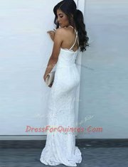 Mermaid Lace Square Sleeveless Brush Train Zipper Lace Prom Party Dress in White