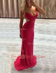 Hot Pink Column/Sheath Elastic Woven Satin V-neck Sleeveless Beading Zipper Homecoming Dress Brush Train
