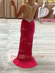 Hot Pink Column/Sheath Elastic Woven Satin V-neck Sleeveless Beading Zipper Homecoming Dress Brush Train