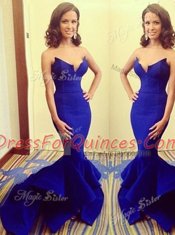 Suitable Mermaid Sleeveless Satin Floor Length Zipper Dress for Prom in Royal Blue with Ruching
