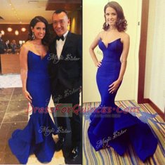 Suitable Mermaid Sleeveless Satin Floor Length Zipper Dress for Prom in Royal Blue with Ruching