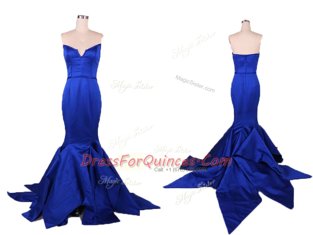 Suitable Mermaid Sleeveless Satin Floor Length Zipper Dress for Prom in Royal Blue with Ruching