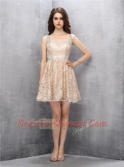 Straps Lace Beading Champagne Backless Sleeveless Knee Length