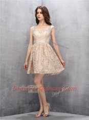 Straps Lace Beading Champagne Backless Sleeveless Knee Length