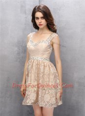 Straps Lace Beading Champagne Backless Sleeveless Knee Length