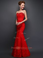 Custom Made Mermaid Beading and Bowknot Prom Dress Red Lace Up Sleeveless Floor Length