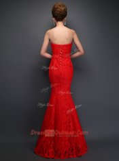 Custom Made Mermaid Beading and Bowknot Prom Dress Red Lace Up Sleeveless Floor Length