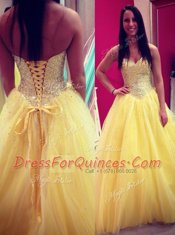 Fashionable Yellow Lace Up Sweetheart Sequins Prom Dress Chiffon Sleeveless