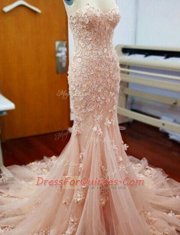 Mermaid Baby Pink Sleeveless Tulle Chapel Train Zipper Homecoming Dress for Prom and Party