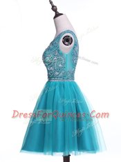 Sequins A-line Prom Dress Teal Scoop Tulle Sleeveless Mini Length Zipper