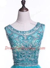 Sequins A-line Prom Dress Teal Scoop Tulle Sleeveless Mini Length Zipper