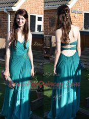 Ruching Dress for Prom Teal Backless Sleeveless Floor Length