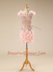 Edgy Pink Column/Sheath Tulle Scoop Cap Sleeves Beading and Hand Made Flower Mini Length Zipper Homecoming Dress