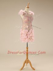 Edgy Pink Column/Sheath Tulle Scoop Cap Sleeves Beading and Hand Made Flower Mini Length Zipper Homecoming Dress