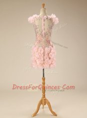 Edgy Pink Column/Sheath Tulle Scoop Cap Sleeves Beading and Hand Made Flower Mini Length Zipper Homecoming Dress