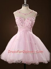 Modest Scoop Pink Tulle Zipper Prom Gown Sleeveless Mini Length Beading and Appliques