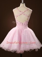 Modest Scoop Pink Tulle Zipper Prom Gown Sleeveless Mini Length Beading and Appliques