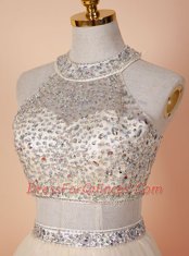 Scoop Champagne Sleeveless Knee Length Beading Backless