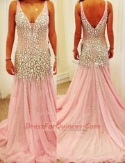 Pink Mermaid Beading Evening Dress Zipper Tulle Sleeveless