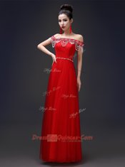 Flirting Off the Shoulder Tulle and Lace Sleeveless Floor Length Prom Party Dress and Beading