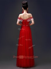 Flirting Off the Shoulder Tulle and Lace Sleeveless Floor Length Prom Party Dress and Beading