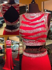 Dynamic Red Two Pieces Chiffon Scoop Sleeveless Sequins Floor Length Backless Evening Dress