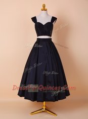 Tea Length Black Dress for Prom Straps Sleeveless Zipper