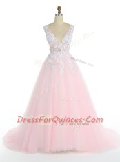 Pink Sleeveless Sweep Train Appliques With Train Prom Gown