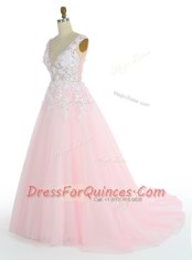 Pink Sleeveless Sweep Train Appliques With Train Prom Gown