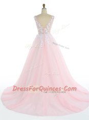 Pink Sleeveless Sweep Train Appliques With Train Prom Gown