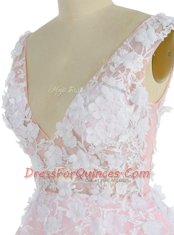 Pink Sleeveless Sweep Train Appliques With Train Prom Gown